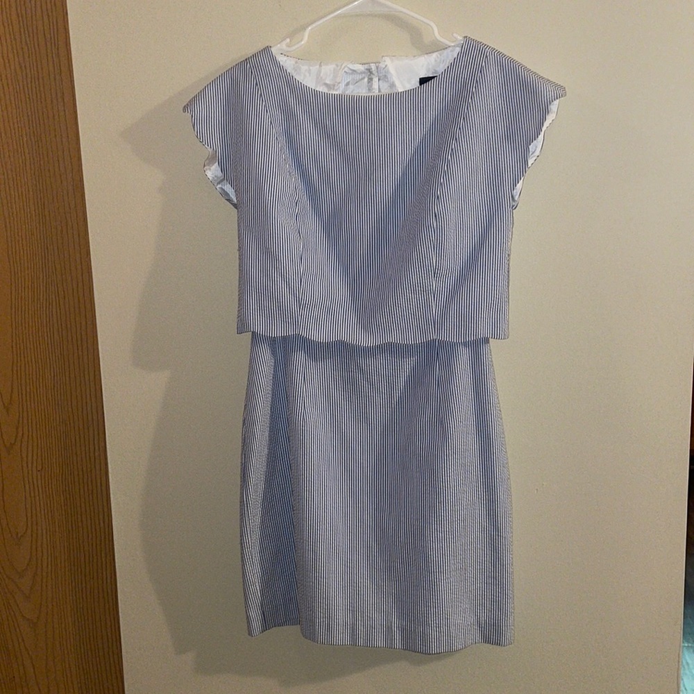 Lauren James seersucker dress blue and white striped with opening in back